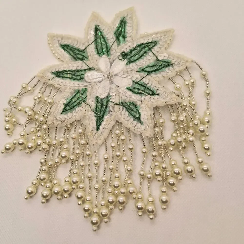 Sequin/Bead Epaulet Applique Green/White Bead Fringe